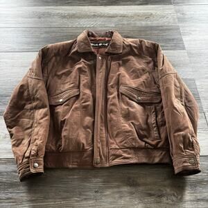 Vintage Wear ME Out Brown Mens XL Full Zip Leather Bomber Jacket with Pockets